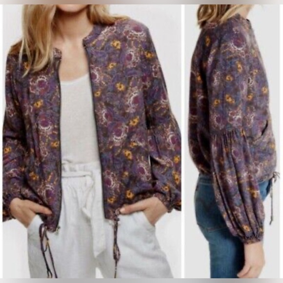 Free People floral light zip up jacket with Balloon sleeves size small S - Picture 2 of 10